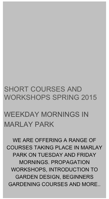 











SHORT COURSES AND WORKSHOPS SPRING 2015

WEEKDAY MORNINGS IN MARLAY PARK

WE ARE OFFERING A RANGE OF COURSES TAKING PLACE IN MARLAY PARK ON TUESDAY AND FRIDAY MORNINGS. PROPAGATION WORKSHOPS, INTRODUCTION TO GARDEN DESIGN, BEGINNERS GARDENING COURSES AND MORE..